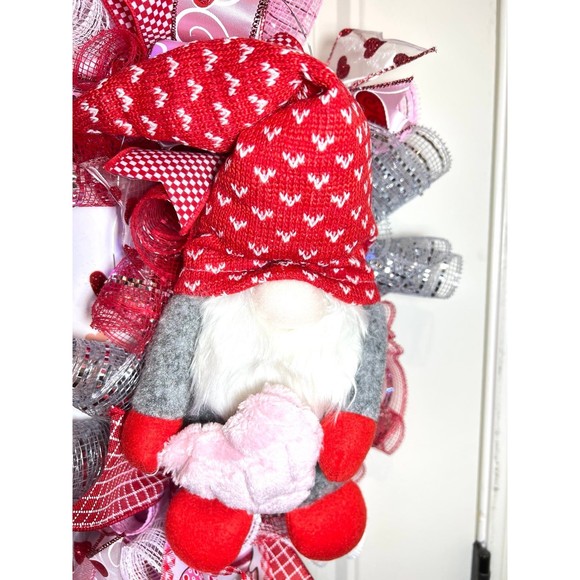 XL Handmade Be My Valentine Gnome Hearts Ribbon Prelit Wreath 26 ins LED XLW6 - Picture 5 of 12